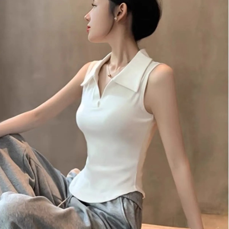 Tank Top Ribbed - Women's White Sleeveless Polo Neck Tank